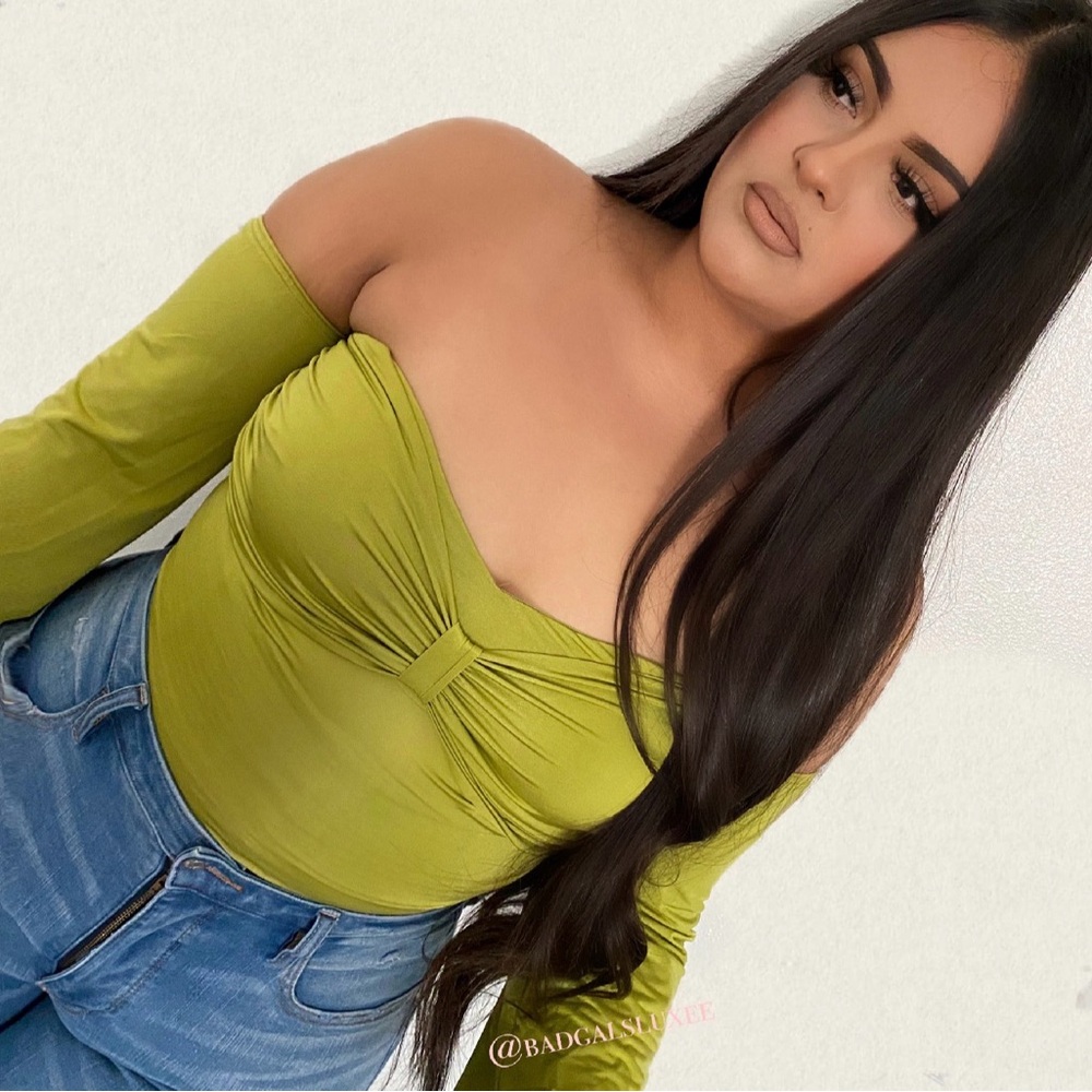Off-Shoulder Twist Front Long Sleeve Bodysuit - Olive Green
